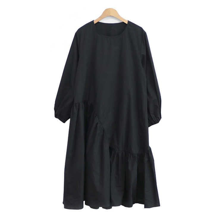 Fall Solid Slim Loose Irregular Plus Size O Neck Dresses Women Casual Pleated Elegant Retro Women's Dress 210615Z