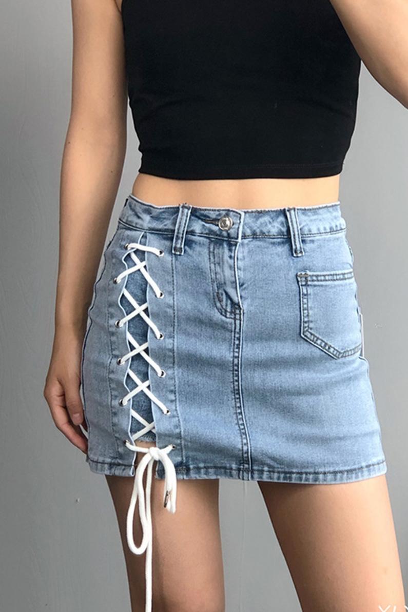 Europe And The United States High Waist Strap Elastic Denim Skirt Slim Package Hip Anti-glare Short Women's Shorts