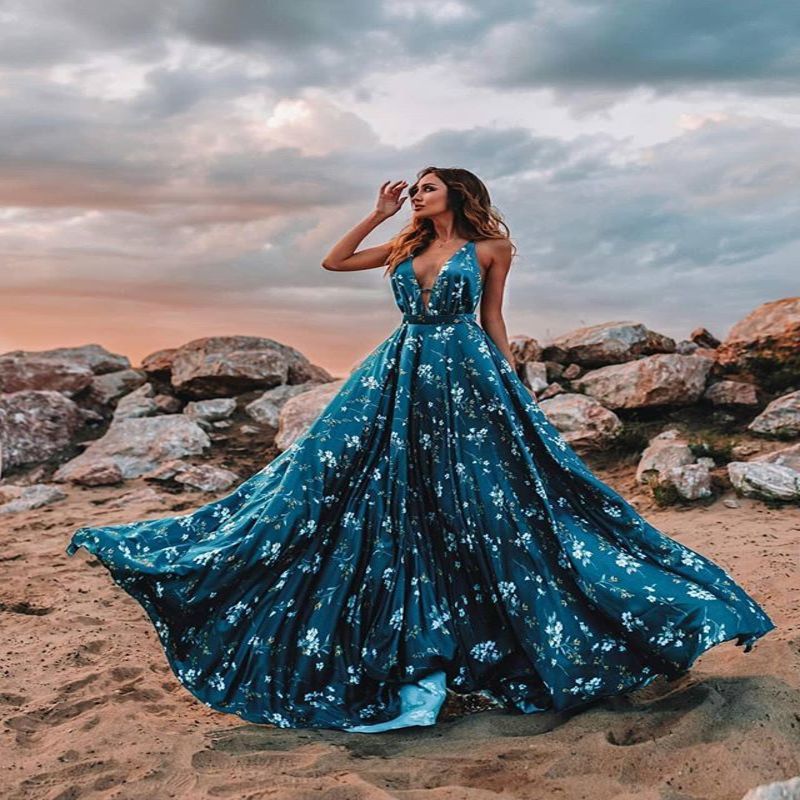 Women Dress Deep V Neck Sleeveless Spaghetti Strap es High Waist Large Hem Print Maxi Plus Size Summer es 210513