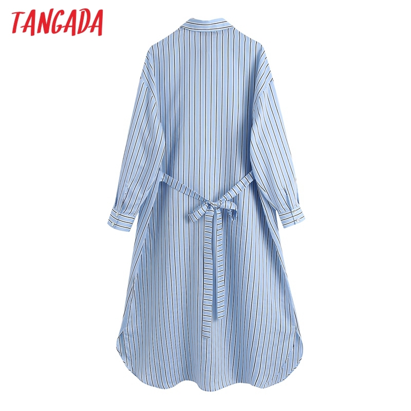 Fashion Women Striped Print Shirt Pocket Long Sleeve Ladies Midi Dress with Slash BE601 210416