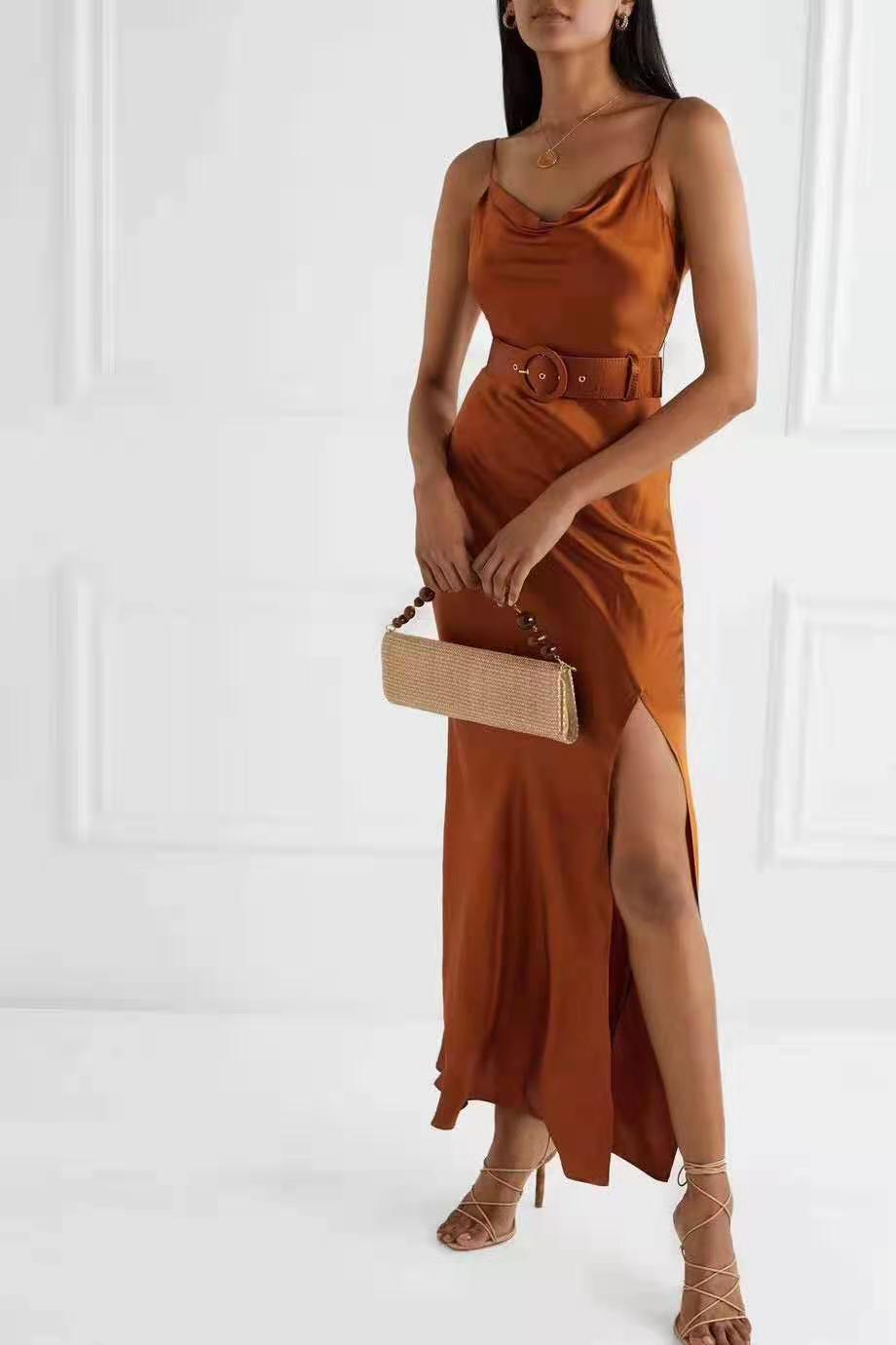 party maxi dress for women slim bodycon high waist camisole spaghetti strap blue satin silky sexy belt dresses lady robe 210421