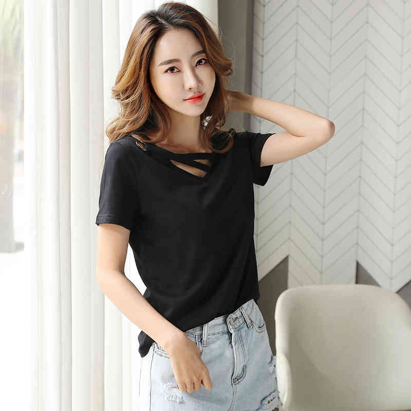 fashion women t shirt summer v collar cotton female shirt short sleeve women shirts white T-shirt womens clothing 2573 50 210417