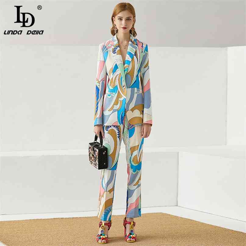 Fashion Runway Autumn Women Shawl Collar Single Button Long jacket Top and Print Full Length Pants 2 Pieces Sets 210522