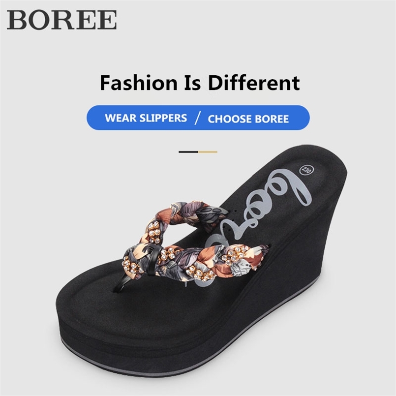Boree Crystal Women Shoes Flip Flops High Flat Heel Slippers Outdoor Beach Sandals Wedges Platform Slids femme pantoufles 210628, Black 
Boree Crystal Women Shoes Flip Flops High Flat Heel Slippers Outdoor Beach Sandals Wedges Platform Slids femme pantoufles 210628, Black