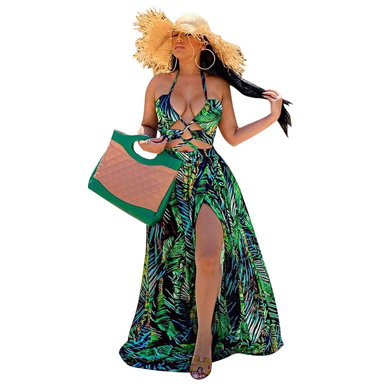 Women Dress Printed Bohemia es Sexy Long Print Floral Maxi Sleeveless Hollow Out Lace Up Split Beach es 210513