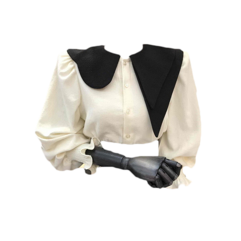 Nomikuma Spring New Women Blouse Shirt Korean Hit Color Peter Pan Collar Patchwork Blusas Long Sleeve Elegant Tops 6E044 210427