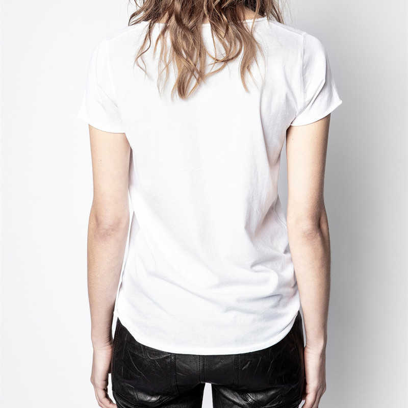 100% Cotton Women's U-Neck Tshirt Letter Heart Embroidery Button White Black Gray Simple Tees Summer 210720