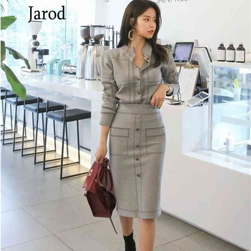Autumn Women Elegant 2 Piece Set Office OL Single Breasted Knitting sweater Coats+pencil Midi Skirts Suits For women 210519