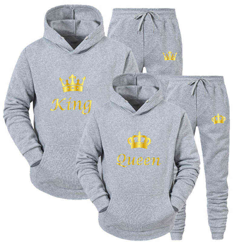 Couple Sportwear Set KING Or QUEEN Printed Hooded Suits 2PCS Male and Femaie Hoodie Pants 211220