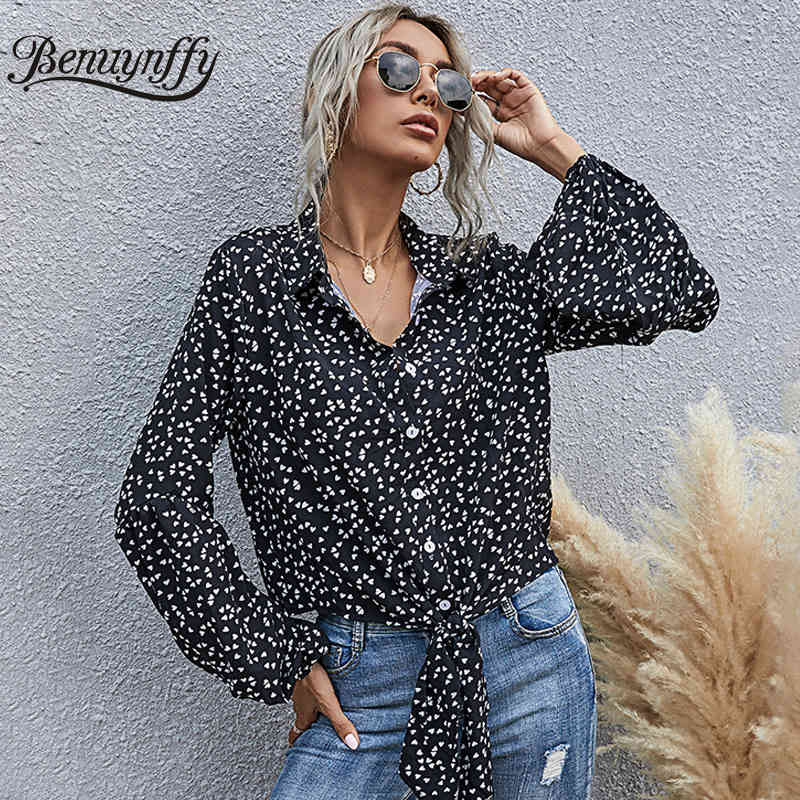 Casual Print Knot Hem Button Up Shirt Women Autumn Lapel Long Sleeve Female Blouses Fashion Streetwear Short Tops 210510