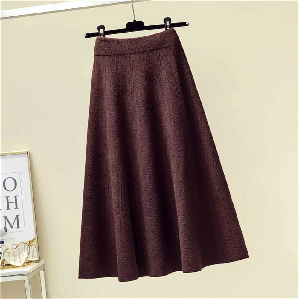Vintage Brown Knitted Long Skirt Autumn Winter Women Casual Solid A Line Skirt Korean Female Black High Waist Midi Skirt 211119