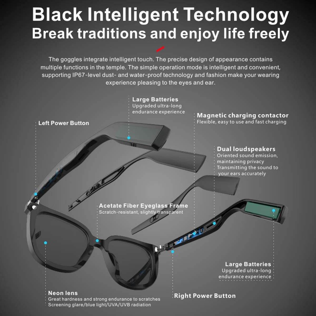 WGP Smart Glasses Wireless Bluetooth Open Ear Audio Driving Speaker Outdoor Compatible for All Phones\smart sunglasses