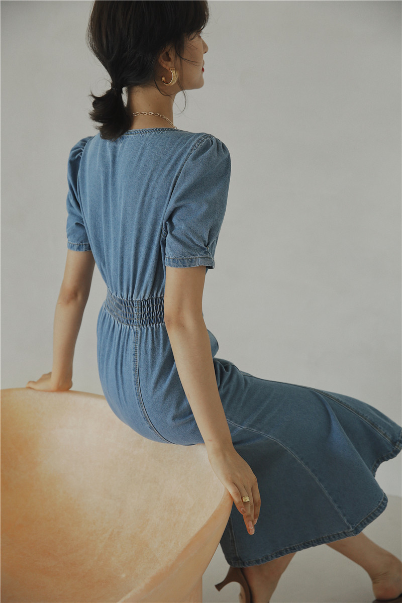 Puff Sleeve Summer Denim Mermaid Dresses Women Short V Neck Tunic Ladies A Line Long Midi Blue Jean Dress 210427