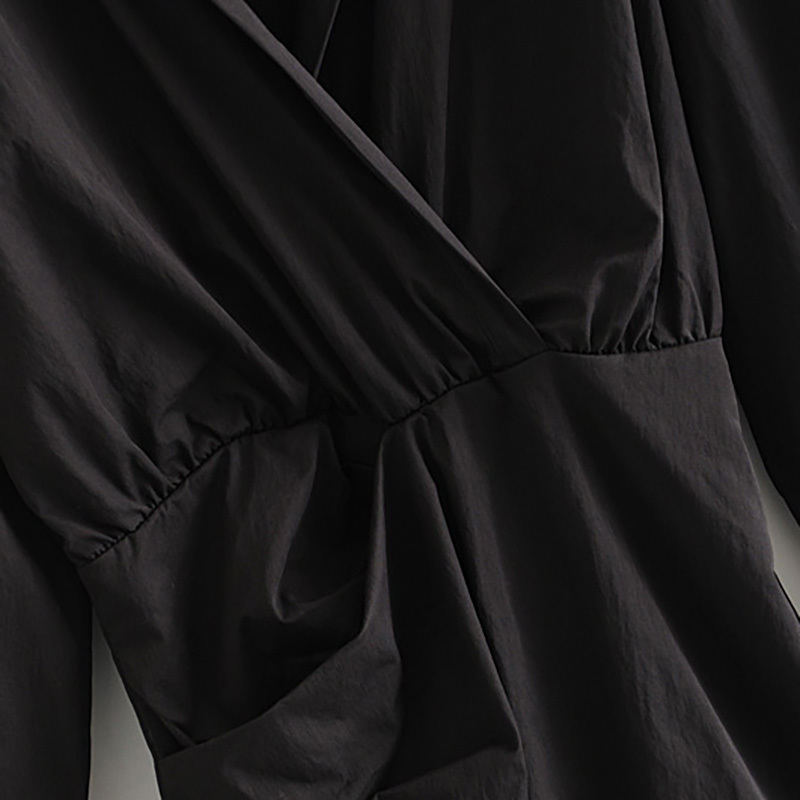 Women Black Cotton Mini Dresses Solid Casual Long Sleeve A Line Turn Down Collar Office Wear Short 210508