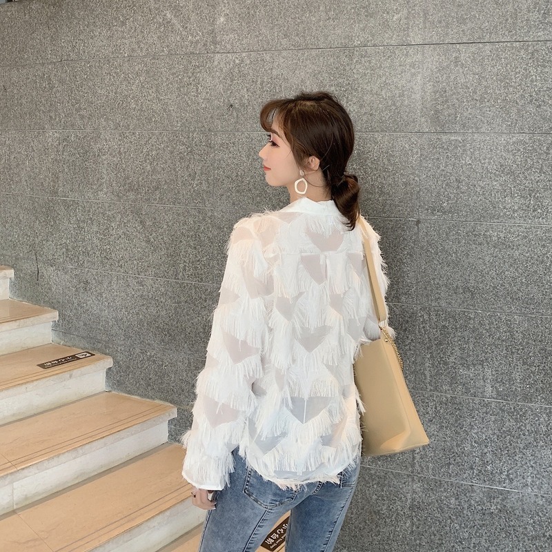 Spring Shirts Vintage Blouse Women White Long Sleeve Blouses Button Hong Kong Style Feather Shirt Tassel Chiffon Tops 12692 210506