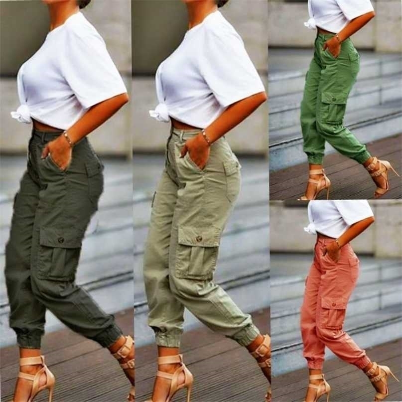 Yskkt Cargo Pants Women High Waist Spring Autumn Pocket Slim Sweatpants Fashion Streetwear Long Overalls Pant Elastics Trousers 211115
