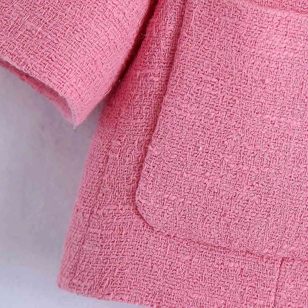 Women Fashion Tweed Casual Cropped Texture Pink Blazer Summer Pockets Single Breasted Short Blazer Jacket Coat Tops 210521