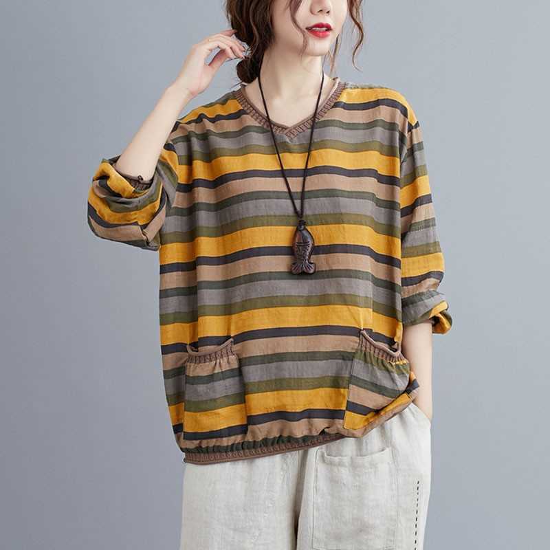 Women Cotton Linen Long Sleeve T-shirts Autumn Simple Style Vintage V-neck Striped Female Loose Casual Tops Tees S1993 210819