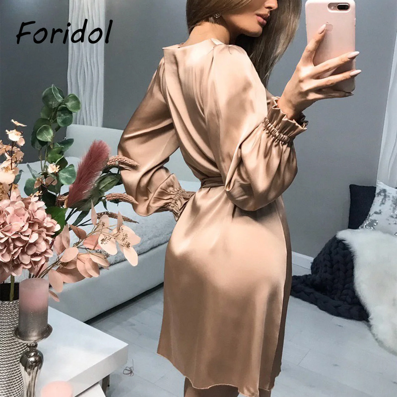 Foridol Long Sleeve Satin Party Dress Women Casual Sash Short Mini Dress Plus Size Spring Autumn Green Dress Women Clothing 210415