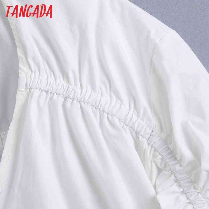 Women Fashion Pleated Crop White Blouses Vintage V Neck Three Quarter Sleeve Female Shirts Chic Tops BE518 210416