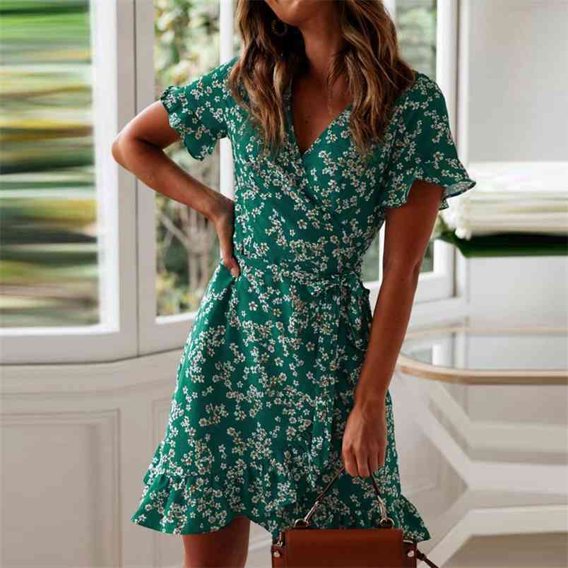 Women Dresses Summer Sexy V Neck Floral Print Boho Beach Ruffles Short Sleeve Lace Up A Line Mini Wrap Sundress 210522