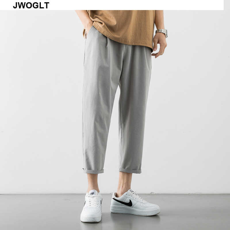 Summer Korean Fashion Mens Pants Streetwear Hipster Black Khaki Gray Drawstring Waist Straight Ankle-Length Trousers 210528