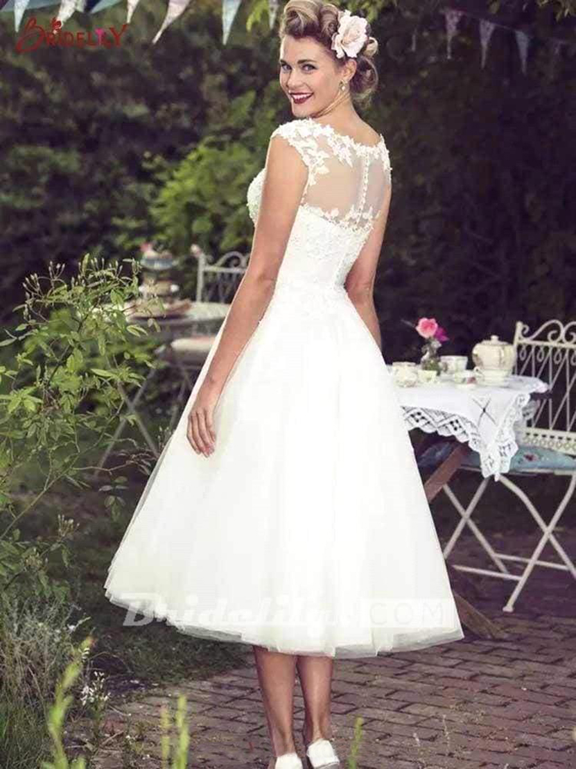 2022 Vintage Lace Short A E O Neck Sheer Tulle Applique Tea Length Wedding Dresses Bridal Gowns Robe De Mariee Bc2991 Lz0304