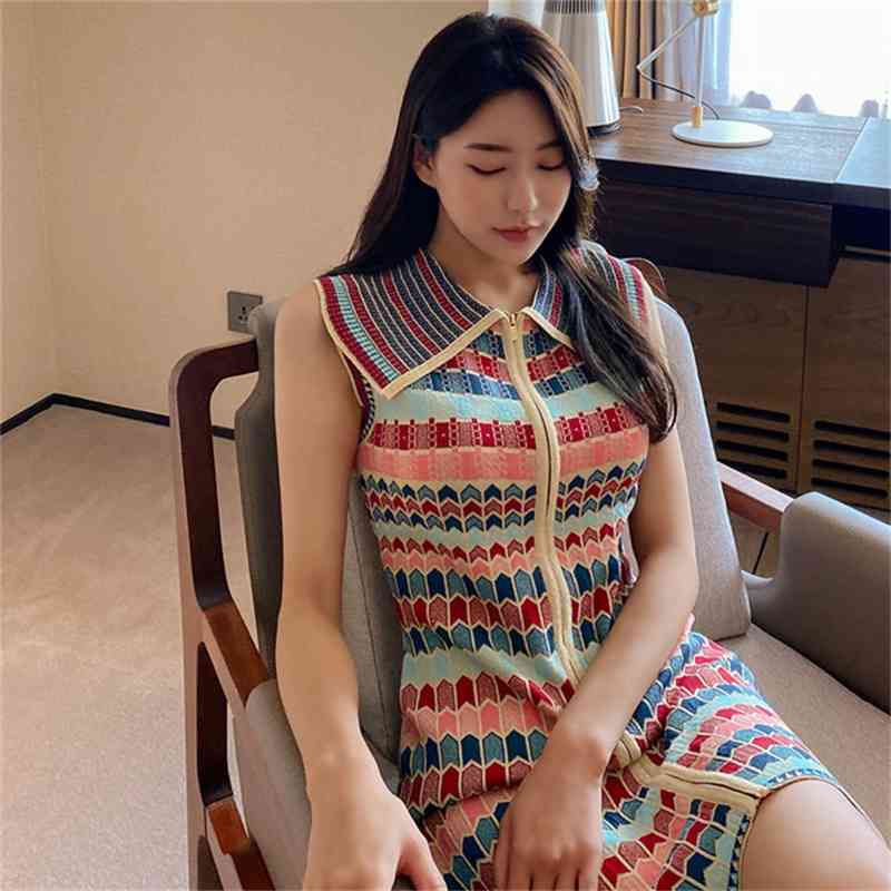 Vintage Summer Fashion Plaid Knitted Dress Women Sleeveless Lapel Collar Casual Zipper Slim Mini Female Vestidos 210519