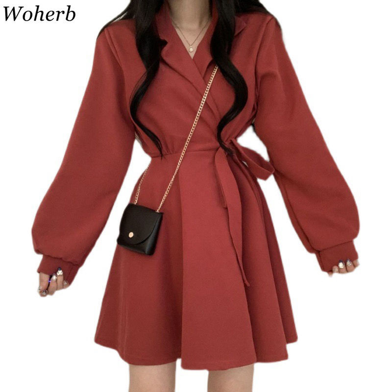 Lantern Sleeve Black Dress Women High Waist Hip A-line Vestidos Mujer Slim Fit Lace-up Bow Temperament Dresses 4l064 210519