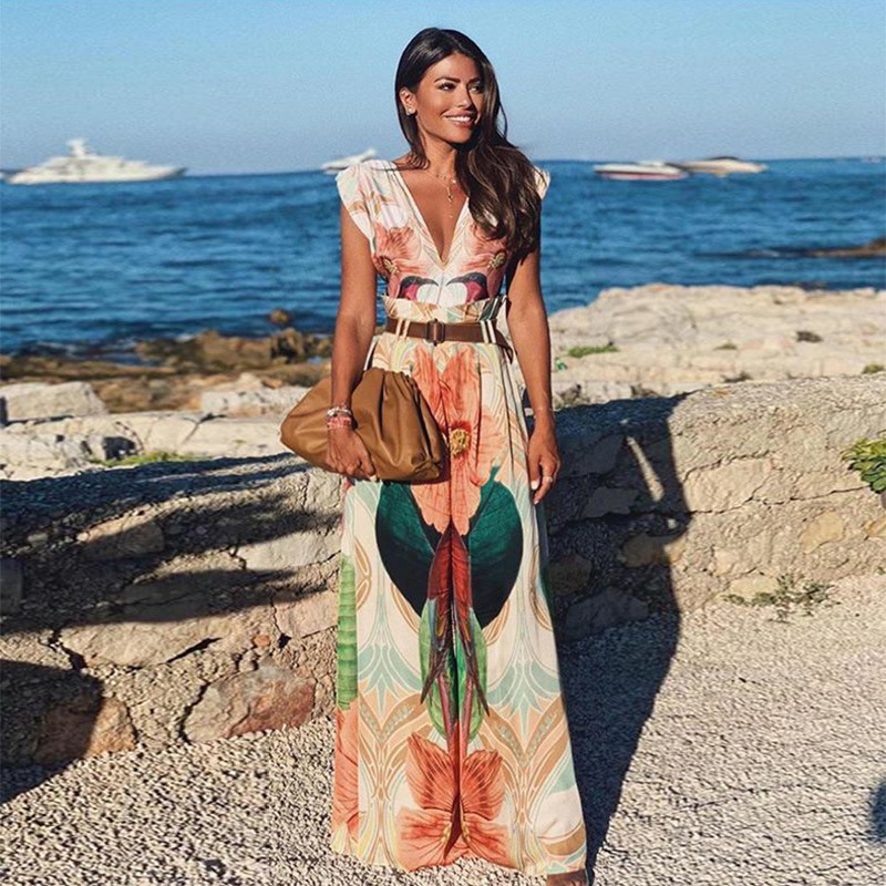 Women Jumpsuit V-neck Sleeveless Print Rompers s Vintage Sexy Plus Size Long Jump Suits 210513