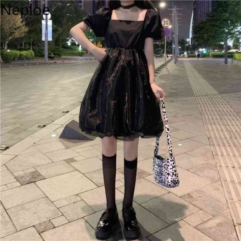 Neploe White Gauze Dress Women Lolita Puff Sleeve Kawaii Cute High Waist Dresses Fashion Korean Streetwear Slim Vestidos 210422
