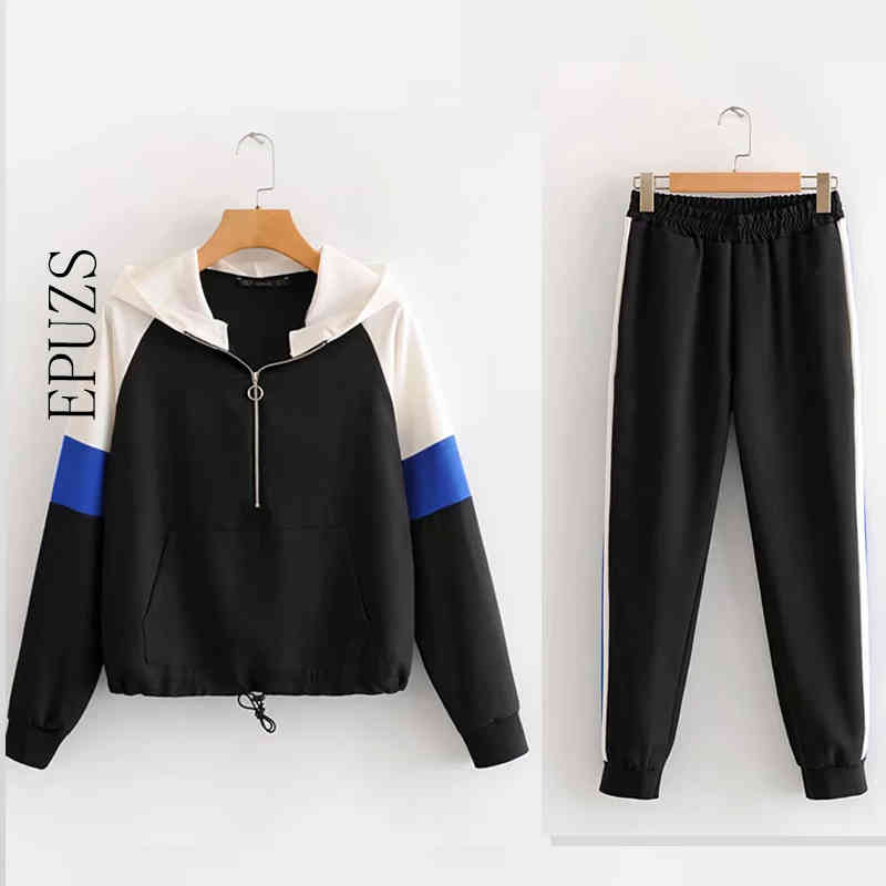 Winter hoodies Tracksuit women two piece set casual stripe hoodies+ high waist pants outfits 210521