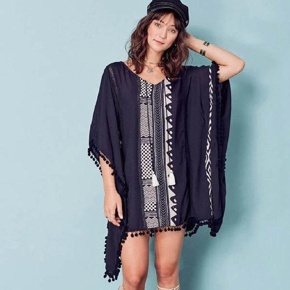 Beach Cover up With Tassel Rayon Vintage Swimwear Tunics Kaftan Dress wear Women Large Size Robe de Plage #Q338 210420