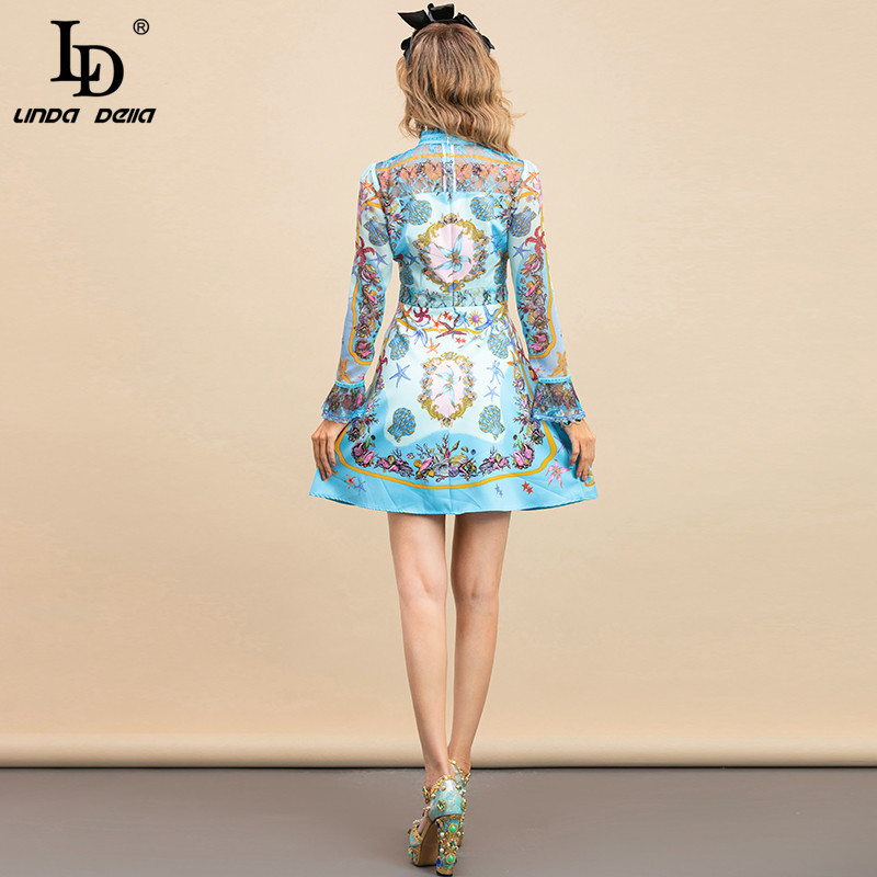 Summer Fashion Runway Dress Women Long Sleeve Lace Patchwork Elegant Blue Underwater World Print Short Dresses 210522