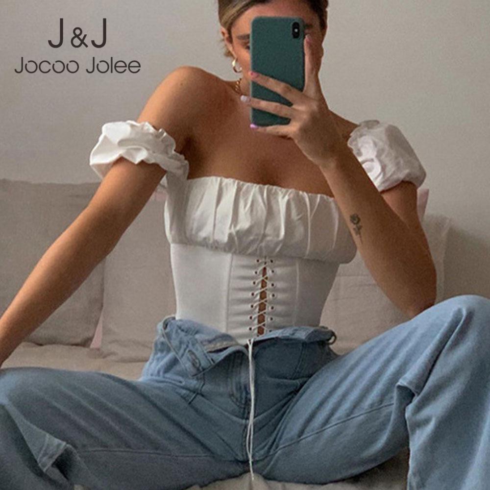 Jocoo Jolee Women Elegant White Blouses Sexy Short Sleeve Slashes Neck Lace Up Slim Shirts Vintage Tops Fashion Tunic 210518
Jocoo Jolee Women Elegant White Blouses Sexy Short Sleeve Slashes Neck Lace Up Slim Shirts Vintage Tops Fashion Tunic 210518
