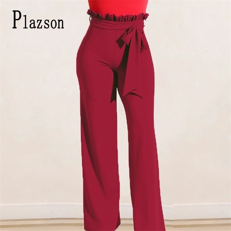 Plazson Autumn Winter Women Belted Palazzo Pants Loose Long Pant High Waist Wide Leg Trousers Streetwear Pantalones 211115