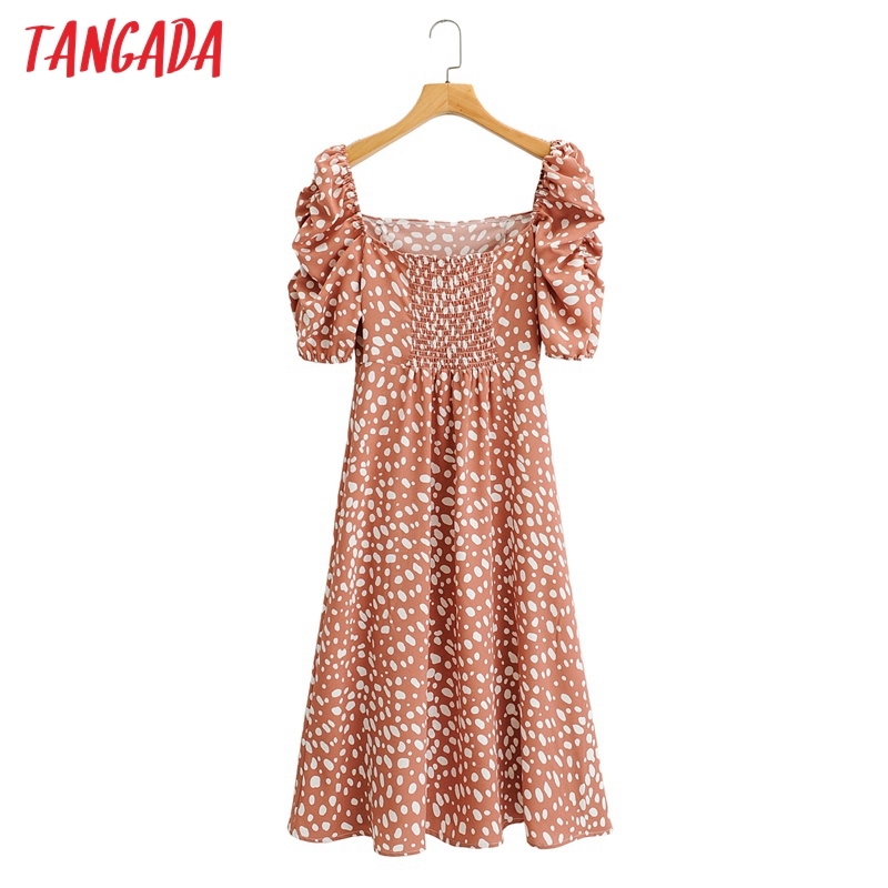 Summer Women Dots Print French Style Puff Short Sleeve Ladies Midi Dress Vestidos 1F83 210416