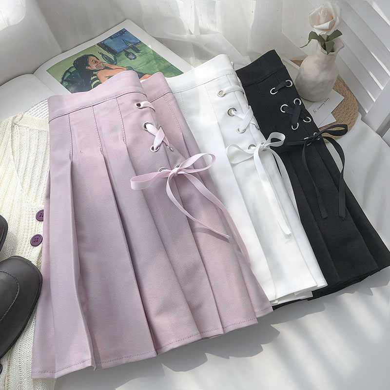 Korean Side Cross Bow Tie Skirts Womens High Waist Pleated A-line Mini Skirt Causal Faldas Mujer Moda 6G352 210603