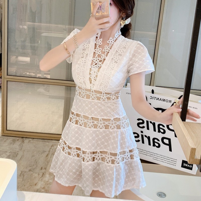 Vintage White Flower Lace Mini Dress Summer Women Sexy V-Neck Short Sleeve Slim Waist Mini Dress Vestidos 210518