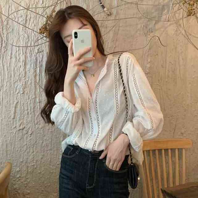 Elegant Hollow Out Lace Shirt Women Causal White Blouse Long Sleeve Top Female Korean Ladies Office Loose Blusas 210422