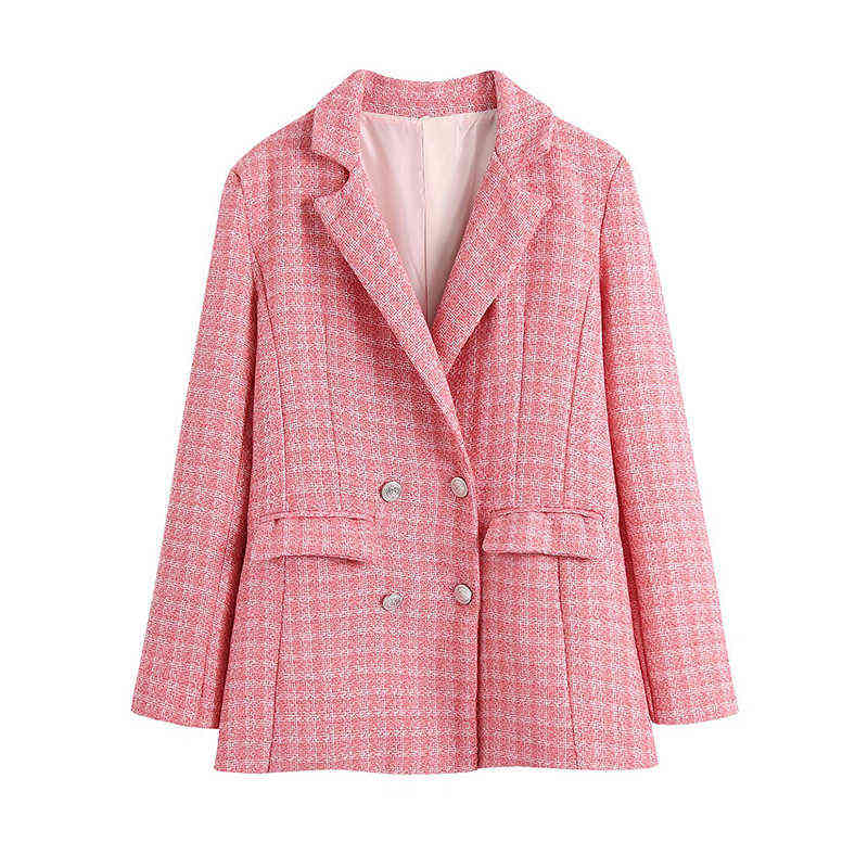 Women's Vintage Plaid Double Breasted Tweed Blazers Coat Women Elegant Office Ladies Long Sleeve Female Outerwear Blaser 211122