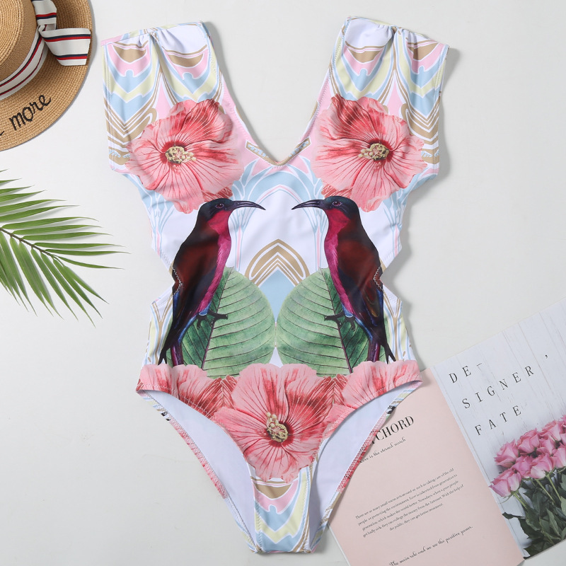 Sexy Cap Sleeve Swimsuit Women Swimwear Bird Print Bodysuit Summer Beach Bathing Suit Monokini Swim Wear S~XL 210520