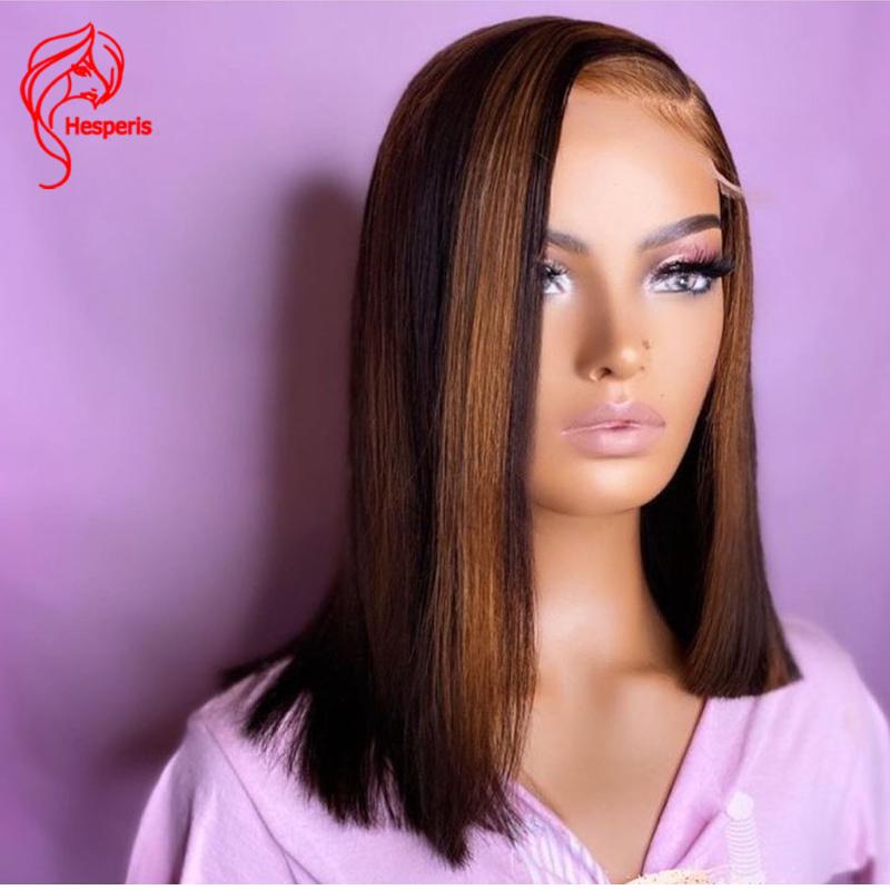 Lace Wigs Hesperis Brown Highlight Bob Human Hair Short Brazilian Remy Pu 5x5 Closure Cut For Black Women