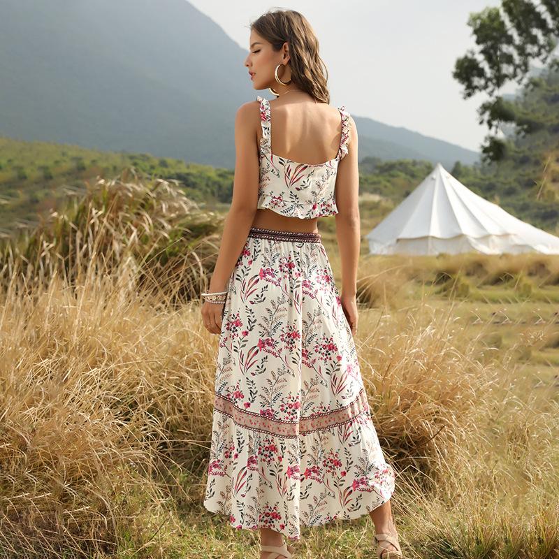 Two Piece Dress Summer Women Bohemia Set Fashion Print Sexy Tank Tops And Asymmetry Long Skirts Beach Vacation 2