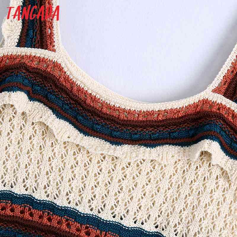 Women Fashion Color Match Crochet Short Camis Ladies Vintage Knitted Female Summer Chic Crop Tops BE230 210416