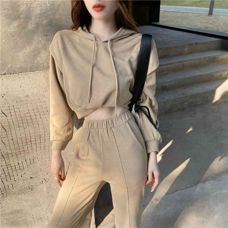 Casual Spring Hoodie Two Piece Set Women Solid Tracksuit Long Sleeve Short Tops And High Waist pants Suit Female 210519