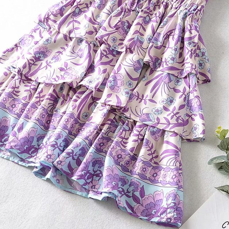 Sweet Women V Neck Draw Back Dress Summer Fashion Ladies Beach Style Cute Female Lotus Sleeve Print Mini 210515