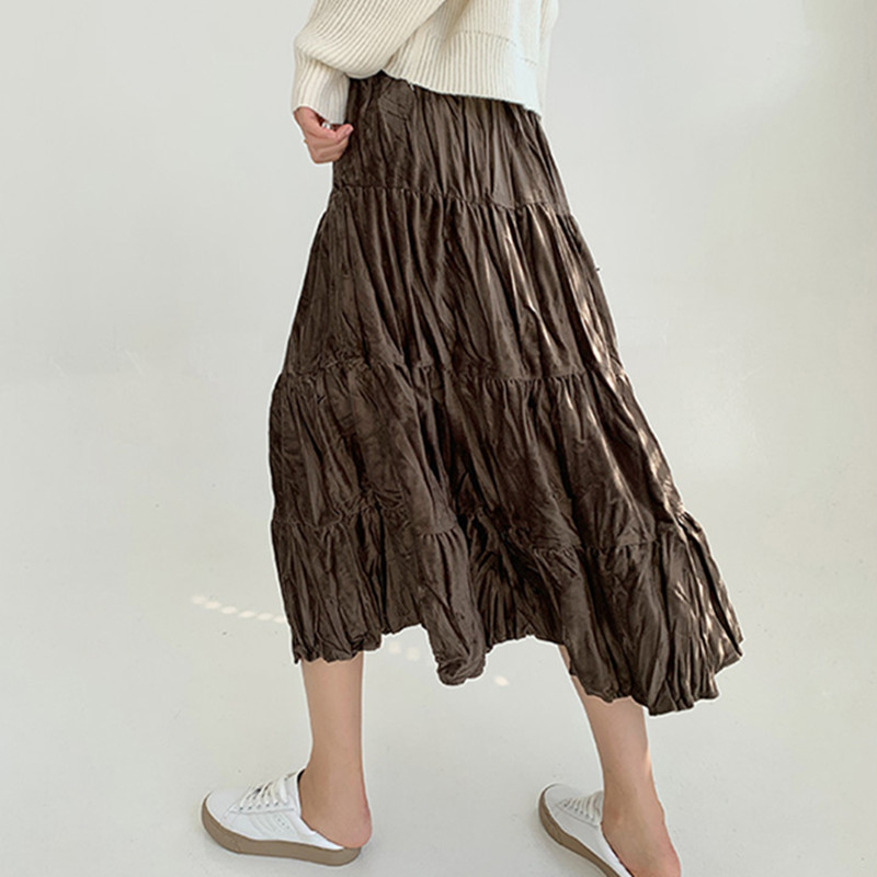 Spring High Waist Vintage Solid Pleated Velvet Skirt OL Elegant Fashion Bottoms Autumn Winter Long Skirts Womens 210421
