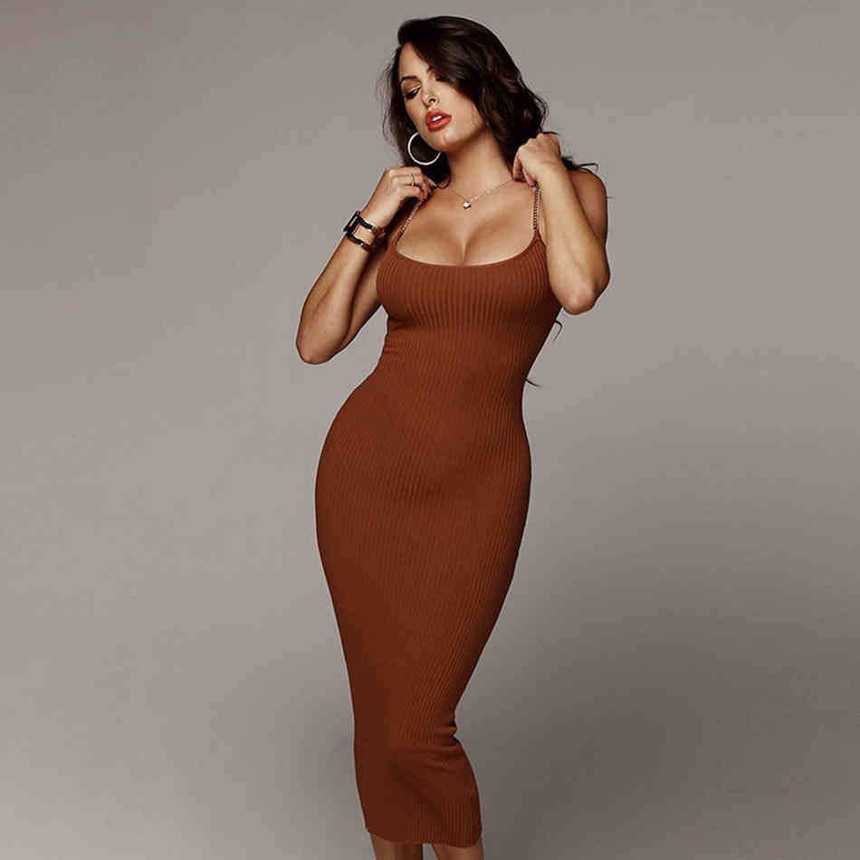 Bandage Dress Ladies Sexy Spaghetti Belt Gold Chain Halter Club Bodycon Celebrity Party Vestidos 210525