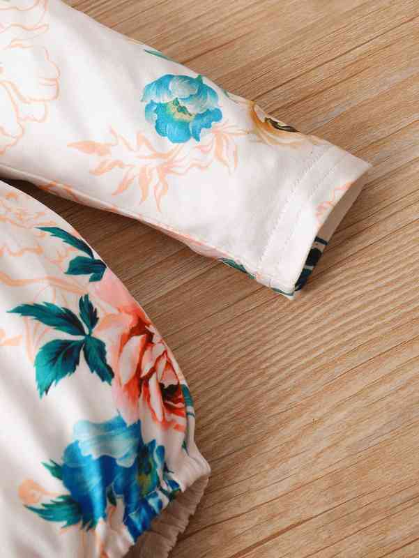 Baby Open Front Coat & Floral Print Ruffle Trim Bodysuit SHE